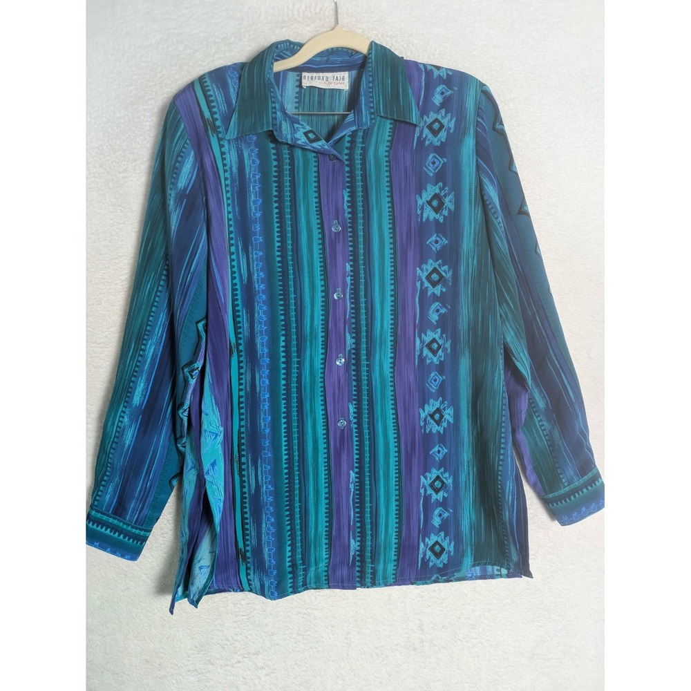 Bedford Fair Button Up Blouse Women's L Teal Purple Geometric Striped Vintage